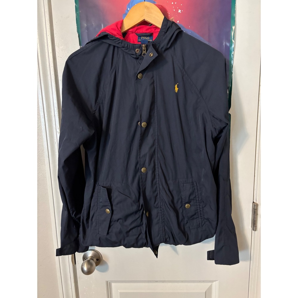 Polo Ralph Lauren Kids XL 18-20 Navy Blue Red Lined Hooded Windbreaker Jacket